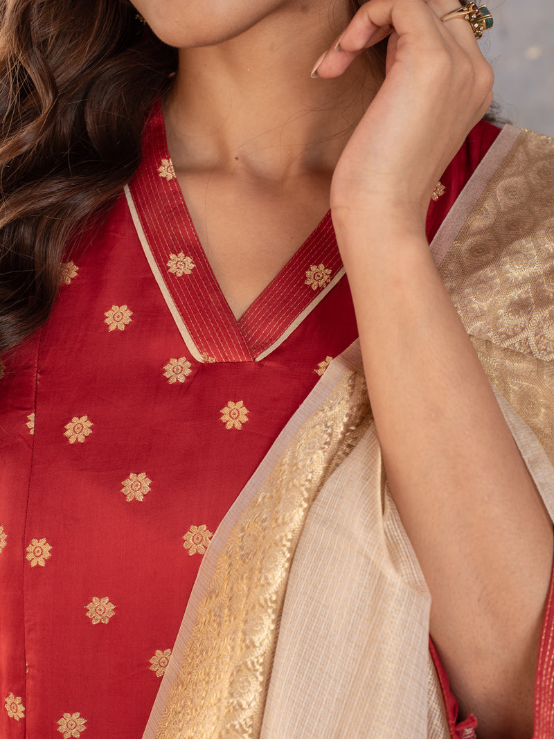 Maroon kurta-Organza Satin Zari, Lower-Muslin V-Neck Kurta Pant Foe Women's