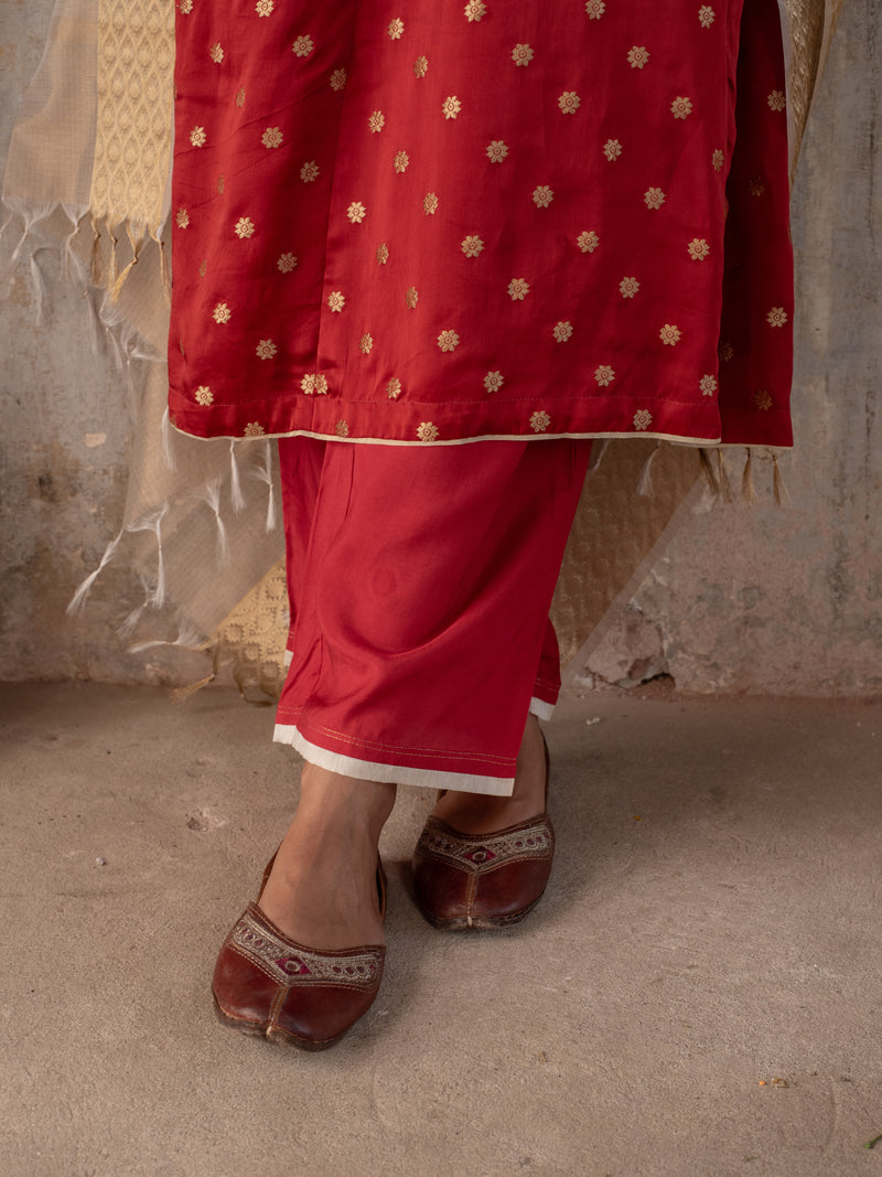 Maroon kurta-Organza Satin Zari, Lower-Muslin V-Neck Kurta Pant Foe Women's
