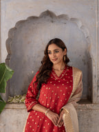Maroon kurta-Organza Satin Zari, Lower-Muslin V-Neck Kurta Pant