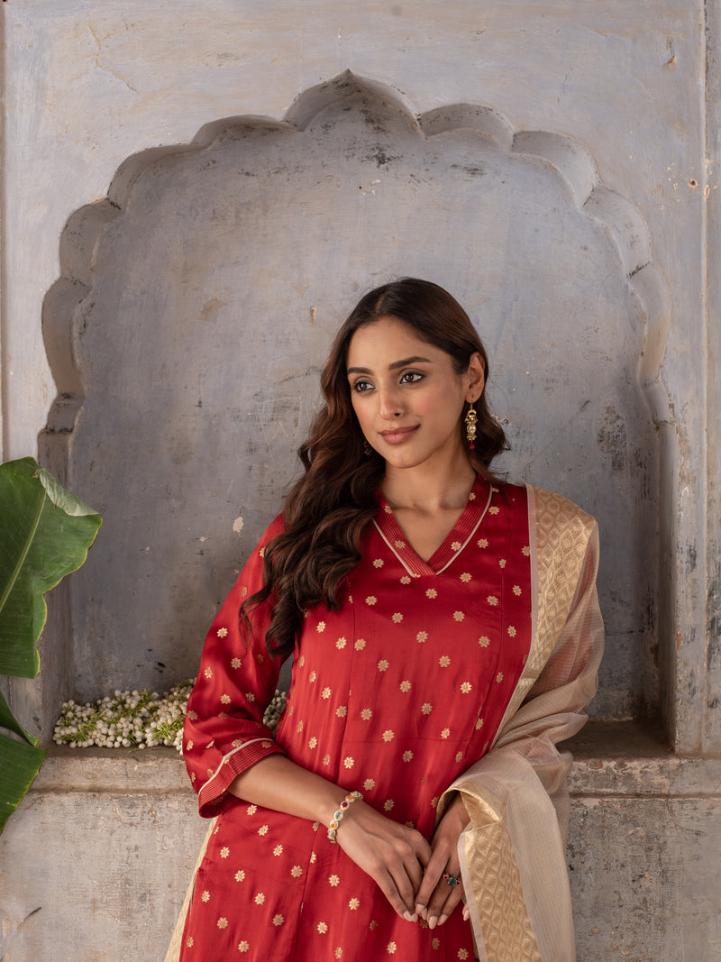 Maroon kurta-Organza Satin Zari, Lower-Muslin V-Neck Kurta Pant Foe Women's