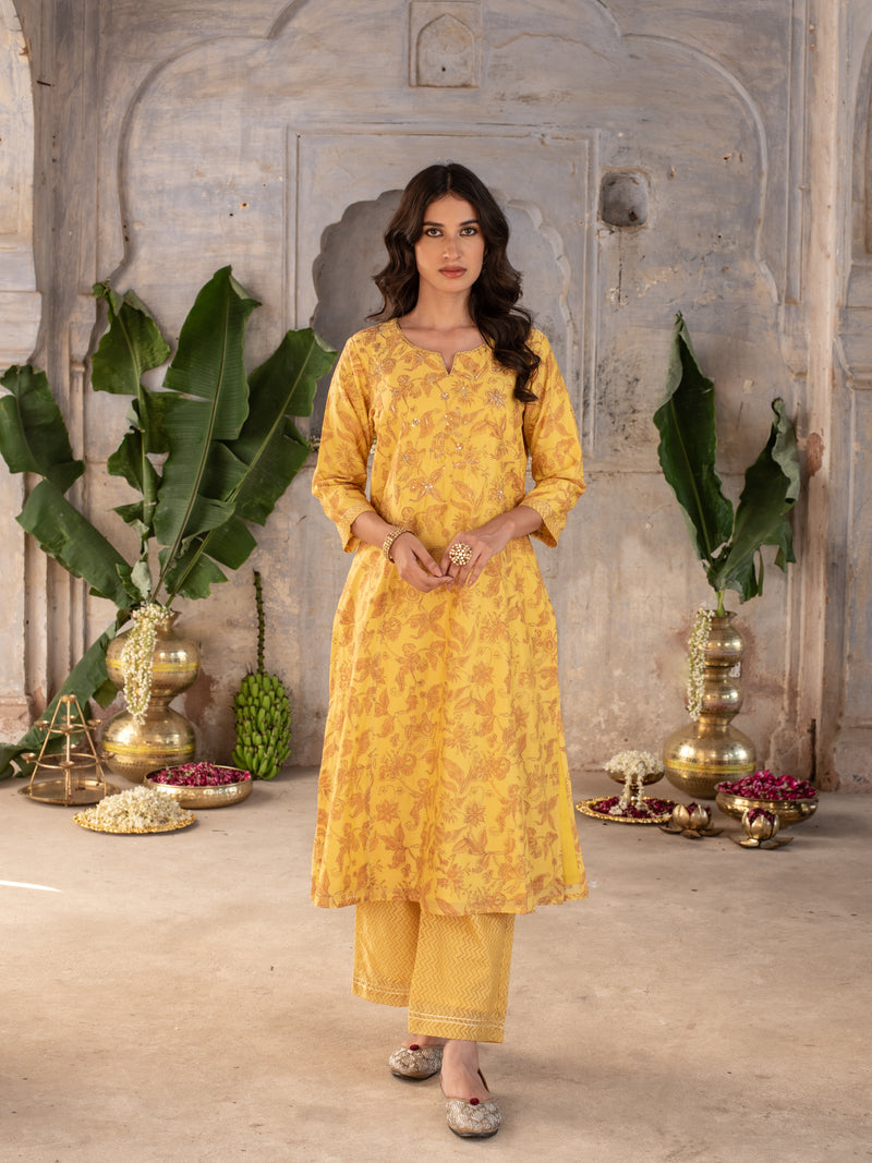GOLDEN MUSTERD MODAL SILK ROUND NECK HAND  ZARI WORK KURTA PANT FOR WOMEN'S