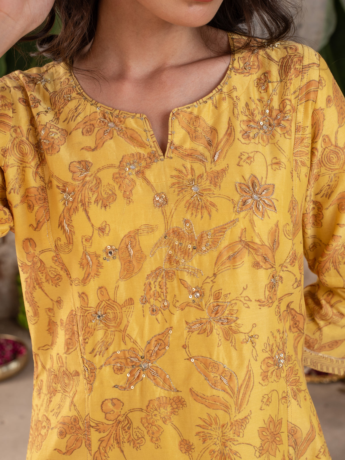 GOLDEN MUSTERD MODAL SILK ROUND NECK HAND  ZARI WORK KURTA PANT FOR WOMEN'S