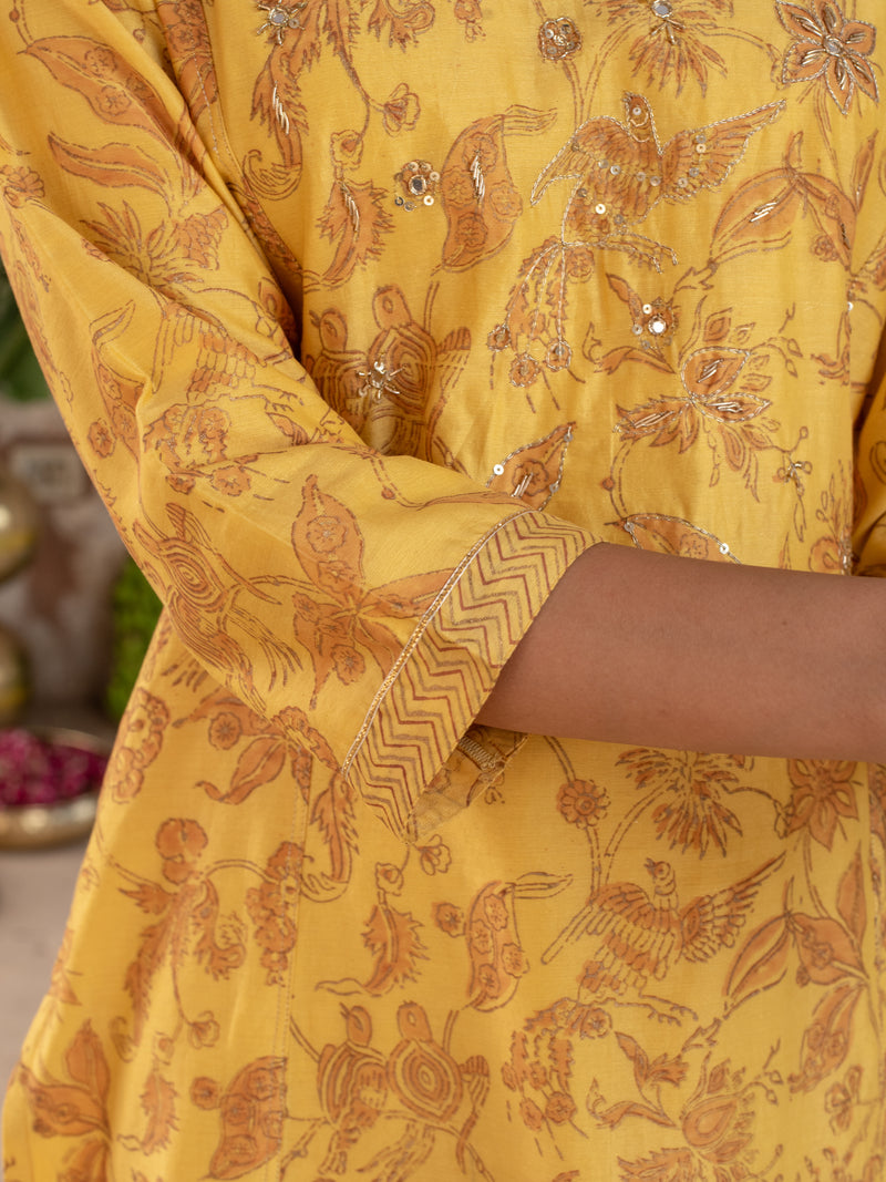 GOLDEN MUSTERD MODAL SILK ROUND NECK HAND  ZARI WORK KURTA PANT FOR WOMEN'S