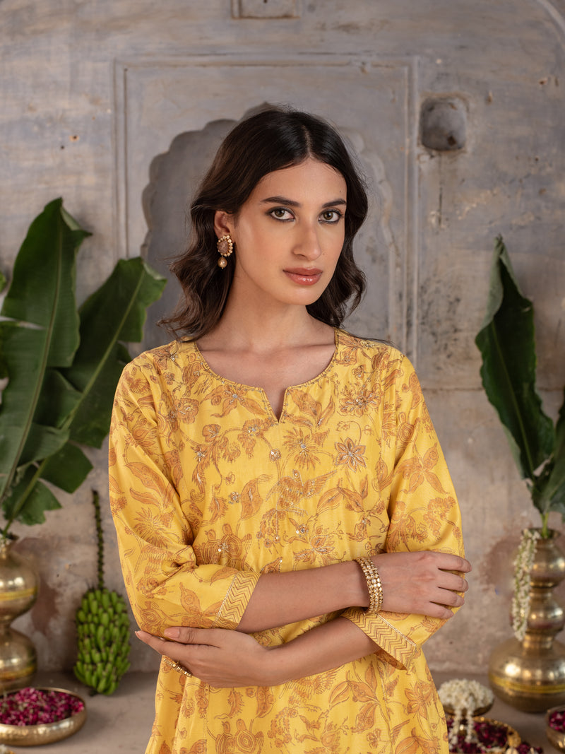 GOLDEN MUSTERD MODAL SILK ROUND NECK HAND  ZARI WORK KURTA PANT FOR WOMEN'S