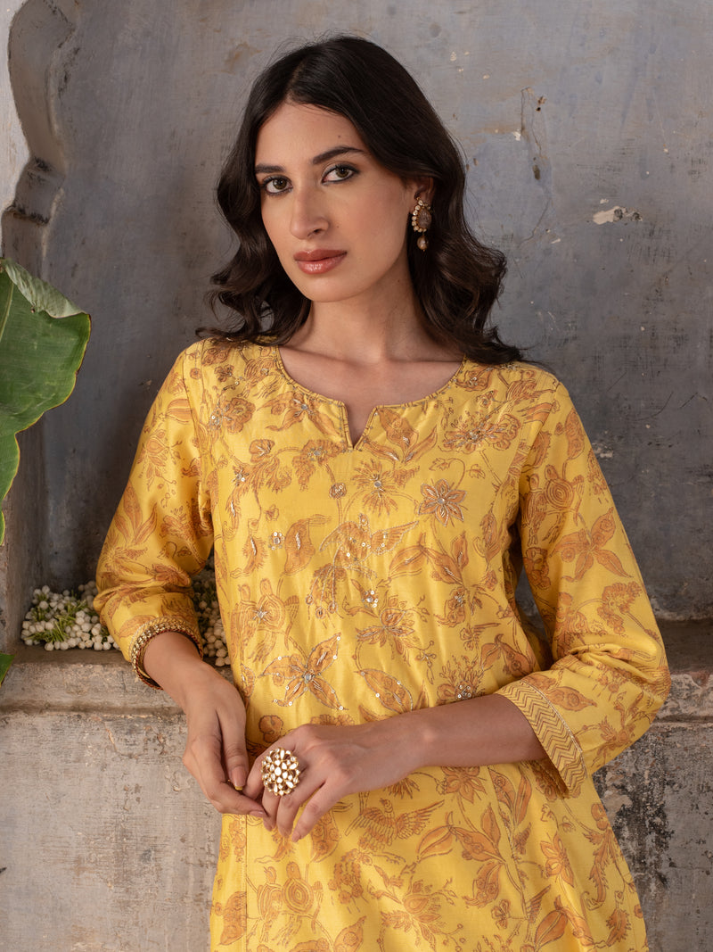 GOLDEN MUSTERD MODAL SILK ROUND NECK HAND  ZARI WORK KURTA PANT FOR WOMEN'S