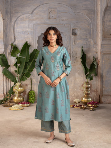 Steel Grey Chanderi Silk V-Neck Kurta Pant Set For Women's