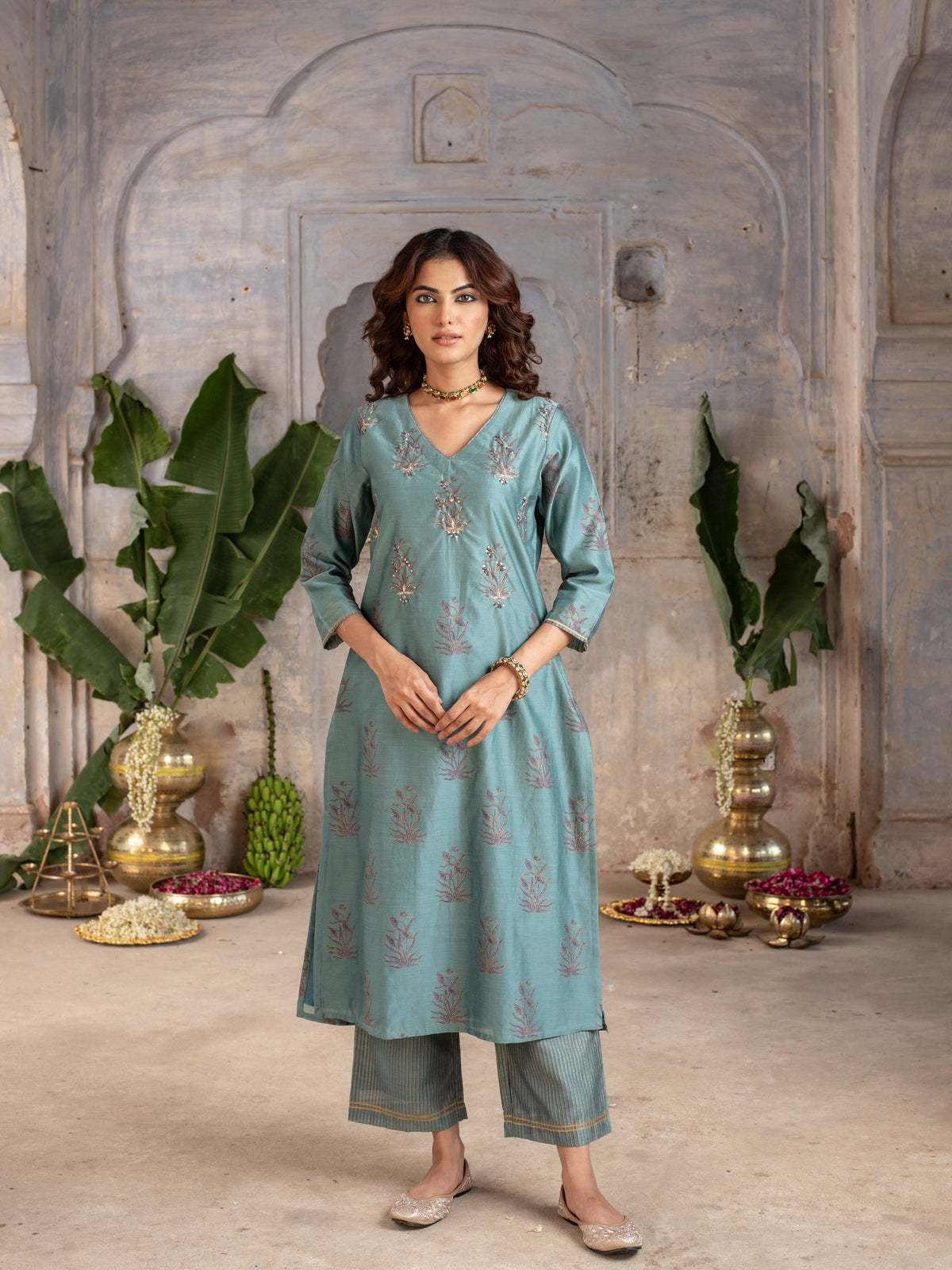 Steel Grey Chanderi Silk V-Neck Kurta Pant Set For Women's