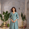 Steel Grey Chanderi Silk V-Neck Kurta Pant Set For Women's