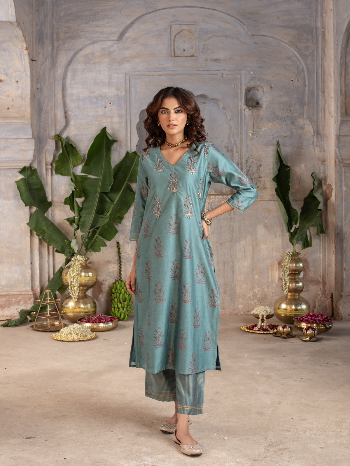 Steel Grey Chanderi Silk V-Neck Kurta Pant Set For Women's