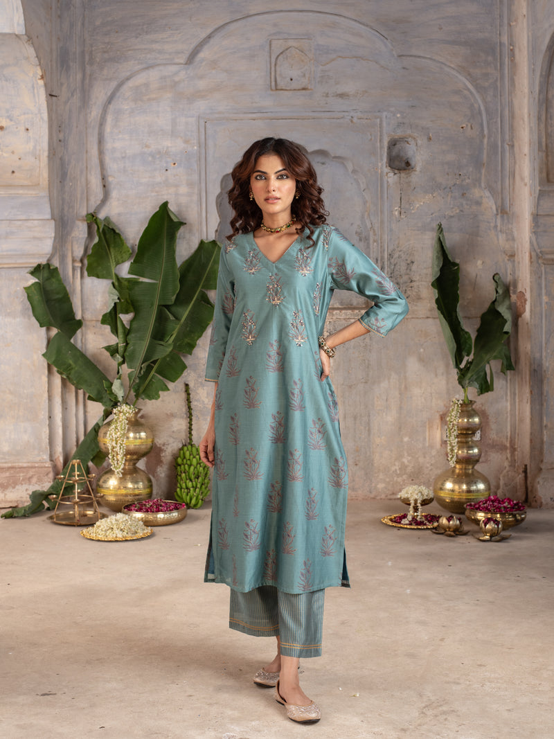 Steel Grey Chanderi Silk Round Neck Kurta Pant Set For Women's