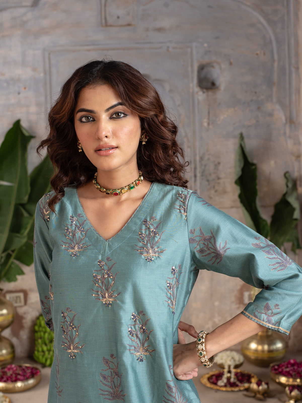 Steel Grey Chanderi Silk V-Neck Kurta Pant Set For Women's
