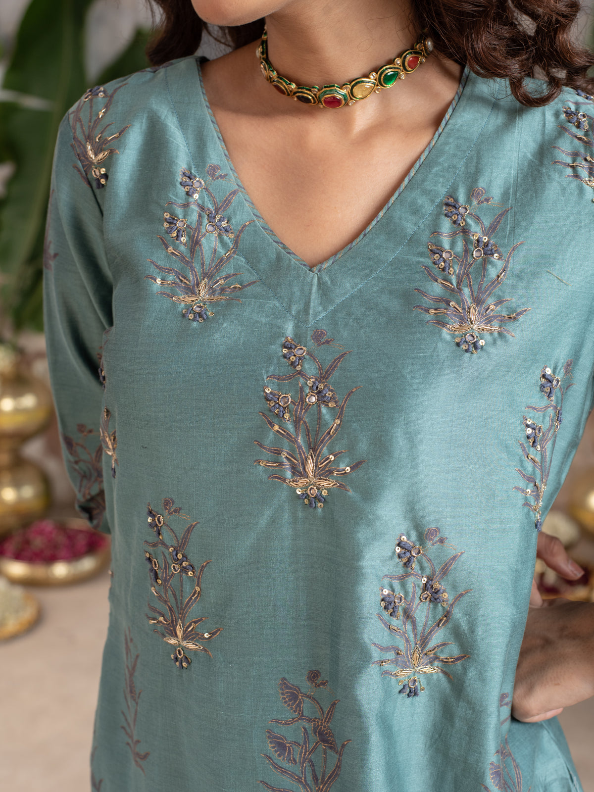 Steel Grey Chanderi Silk V-Neck Kurta Pant Set For Women's