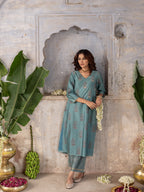 Steel Grey Chanderi Silk V-Neck Kurta Pant Set For Women's