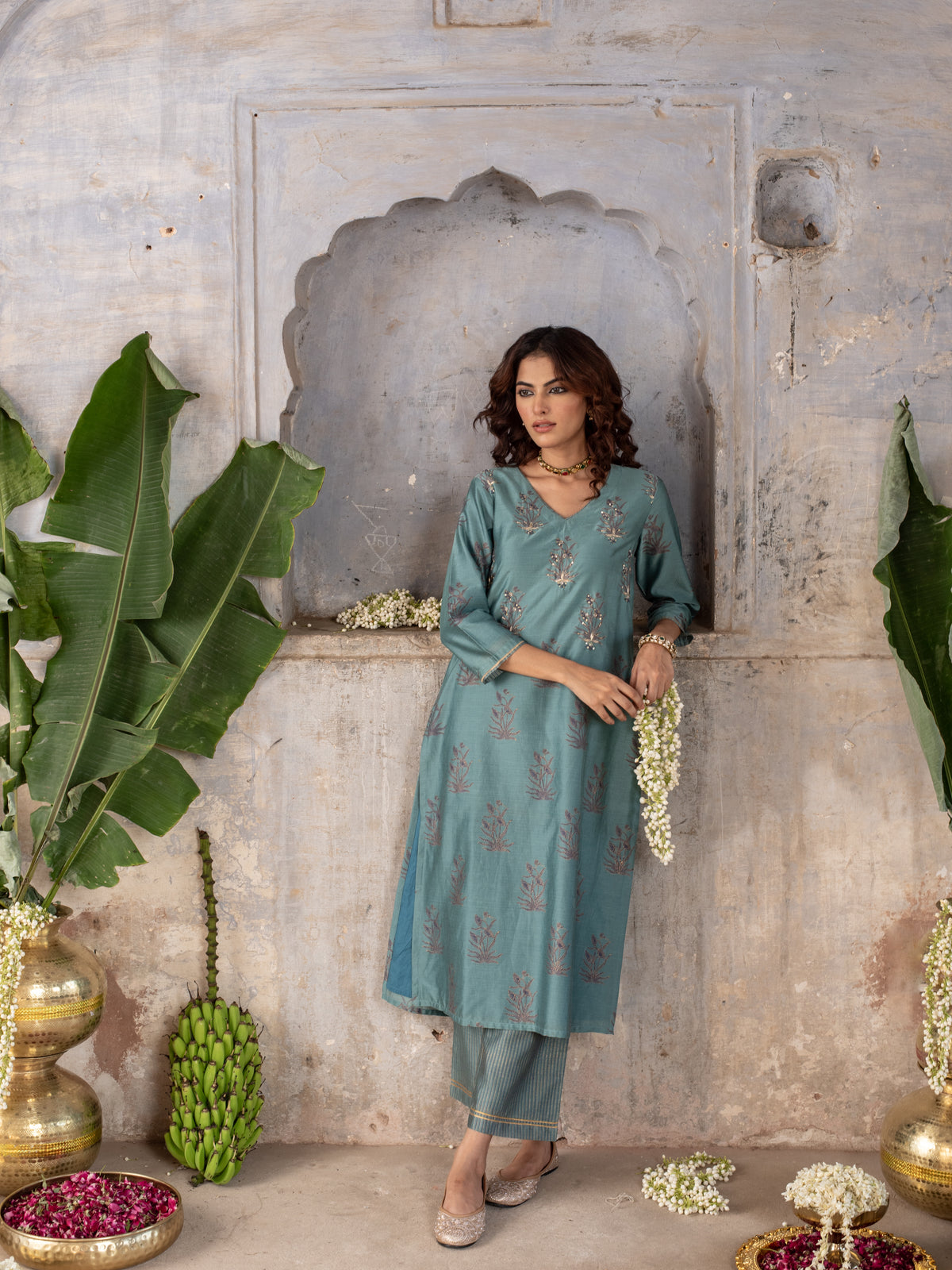 Steel Grey Chanderi Silk V-Neck Kurta Pant Set For Women's