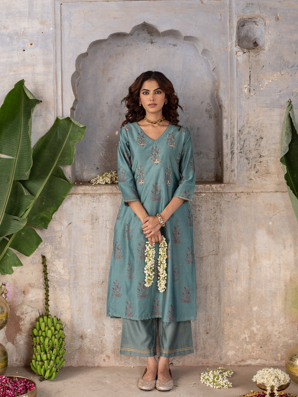 Steel Grey Chanderi Silk V-Neck Kurta Pant Set For Women's
