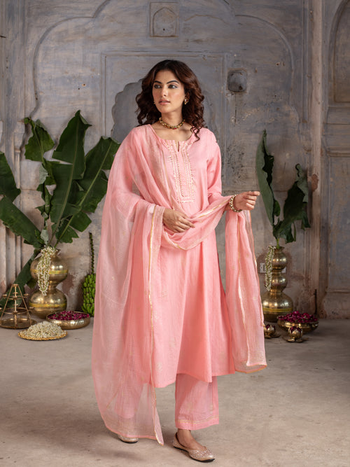 Baby pink cotton lurex round neck with kota doriya full set