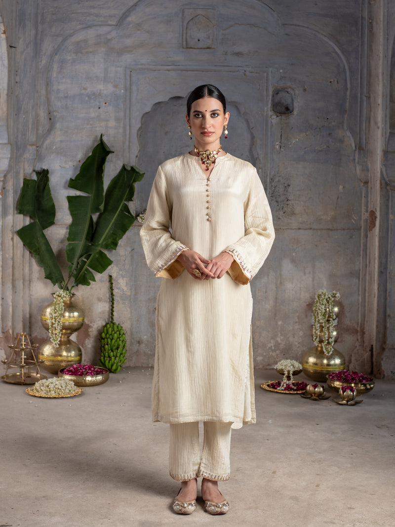 Gold Shimmer Tissue Collar Neck  Highlighted With Buttons Kurta Pant for Women's