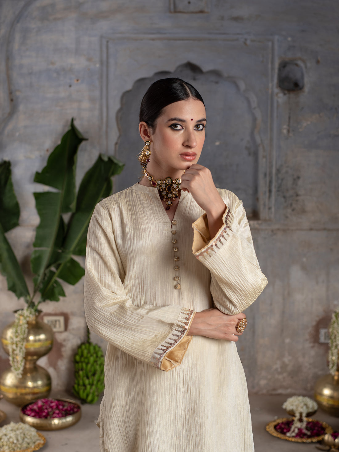 Gold Shimmer Tissue Collar Neck  Highlighted With Buttons Kurta Pant for Women's