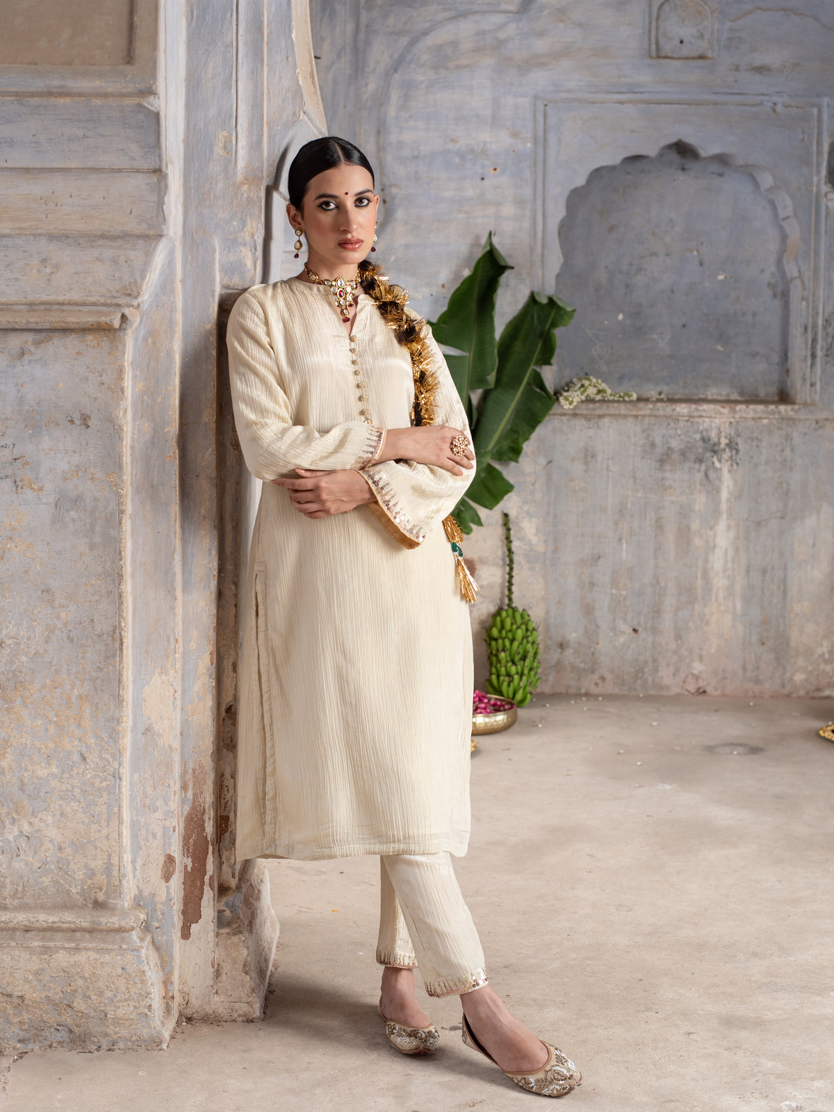 Gold Shimmer Tissue Collar Neck  Highlighted With Buttons Kurta Pant for Women's