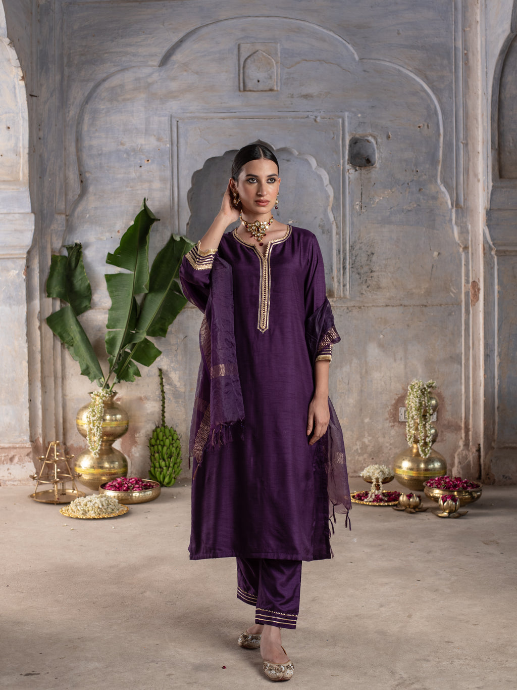 Deep Purple Silk Complete Suit Set For Women's
