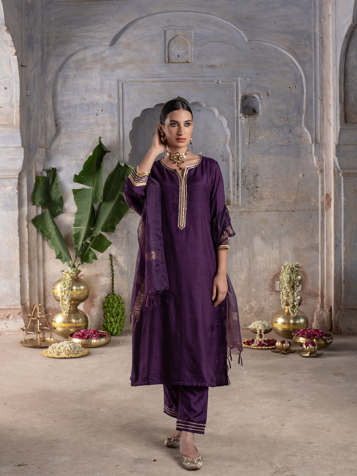 Deep Purple Silk Complete Suit Set For Women's