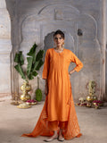 Orange Dola Silk Round Neck Complete Suit Set For Women's