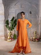 Orange Dola Silk Round Neck Complete Suit Set For Women's