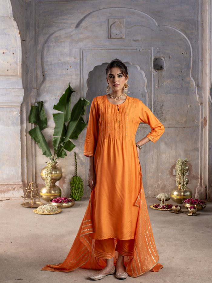 Orange Dola Silk Round Neck Complete Suit Set For Women's