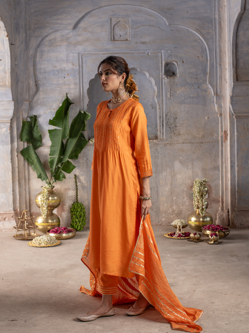 Orange Dola Silk Round Neck Complete Suit Set For Women's