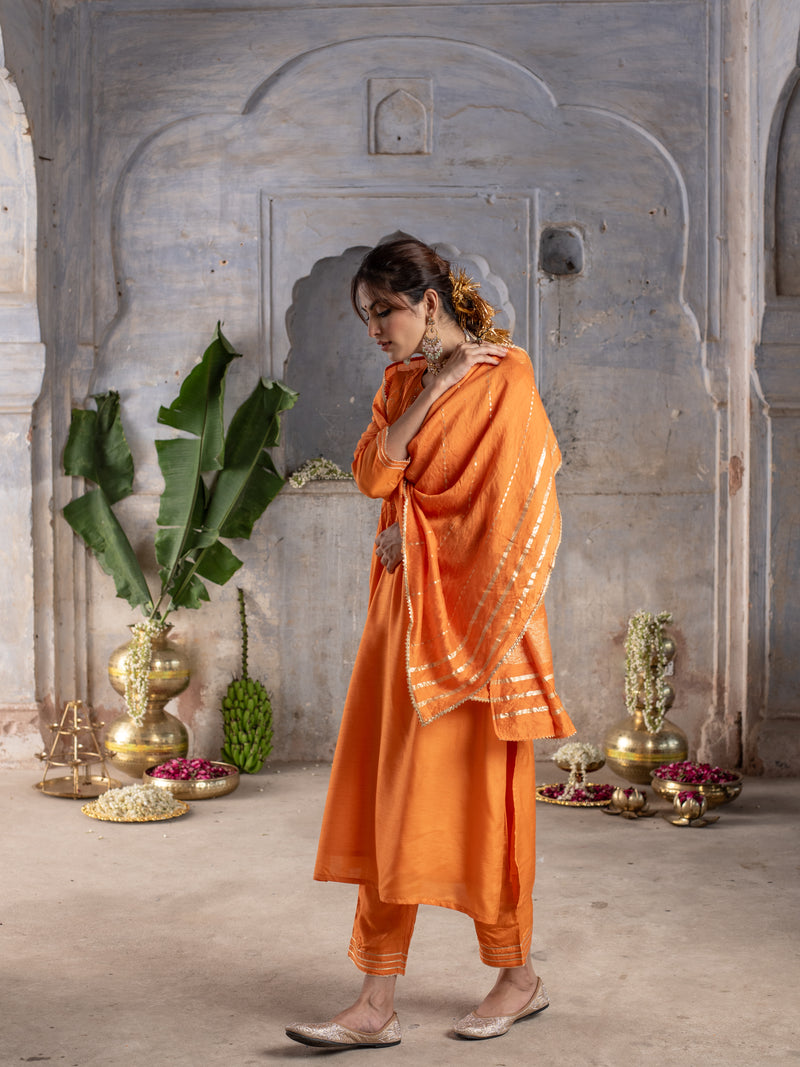 Orange Dola Silk Round Neck Complete Suit Set For Women's
