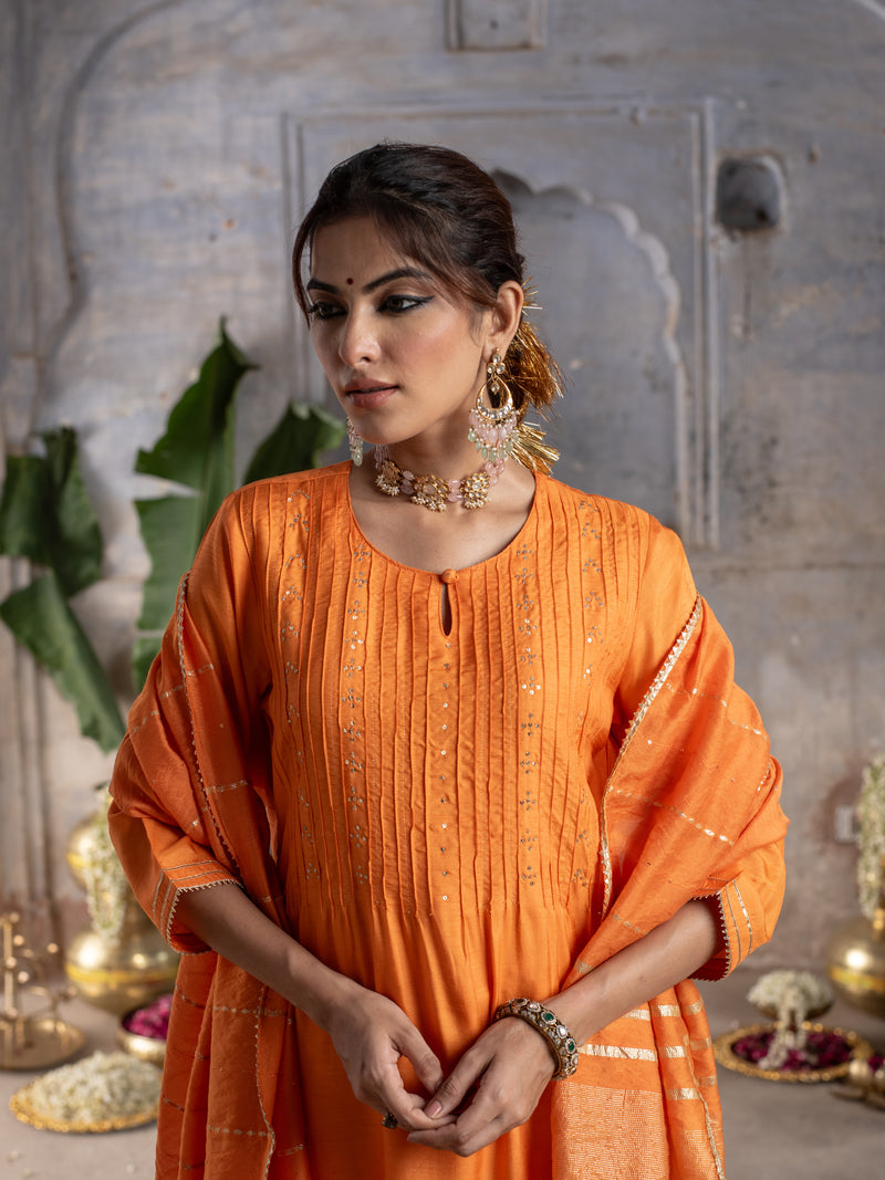 Orange Dola Silk Round Neck Complete Suit Set For Women's