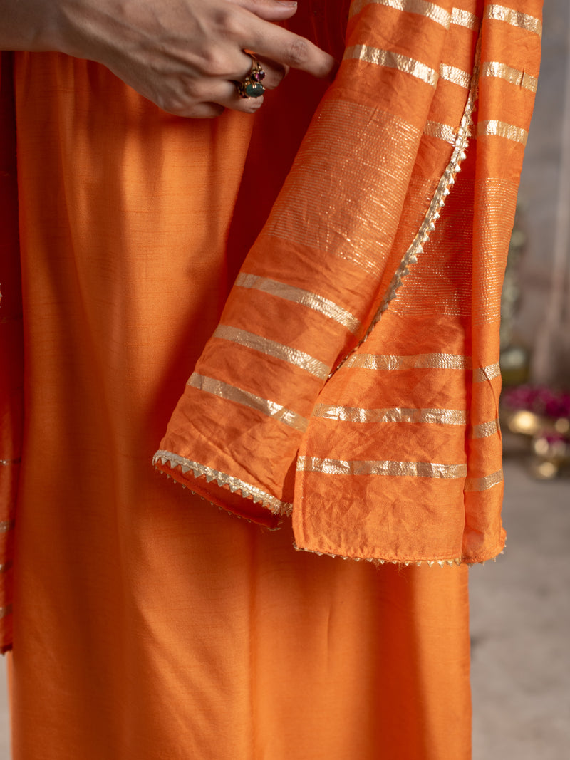 Orange Dola Silk Round Neck Complete Suit Set For Women's