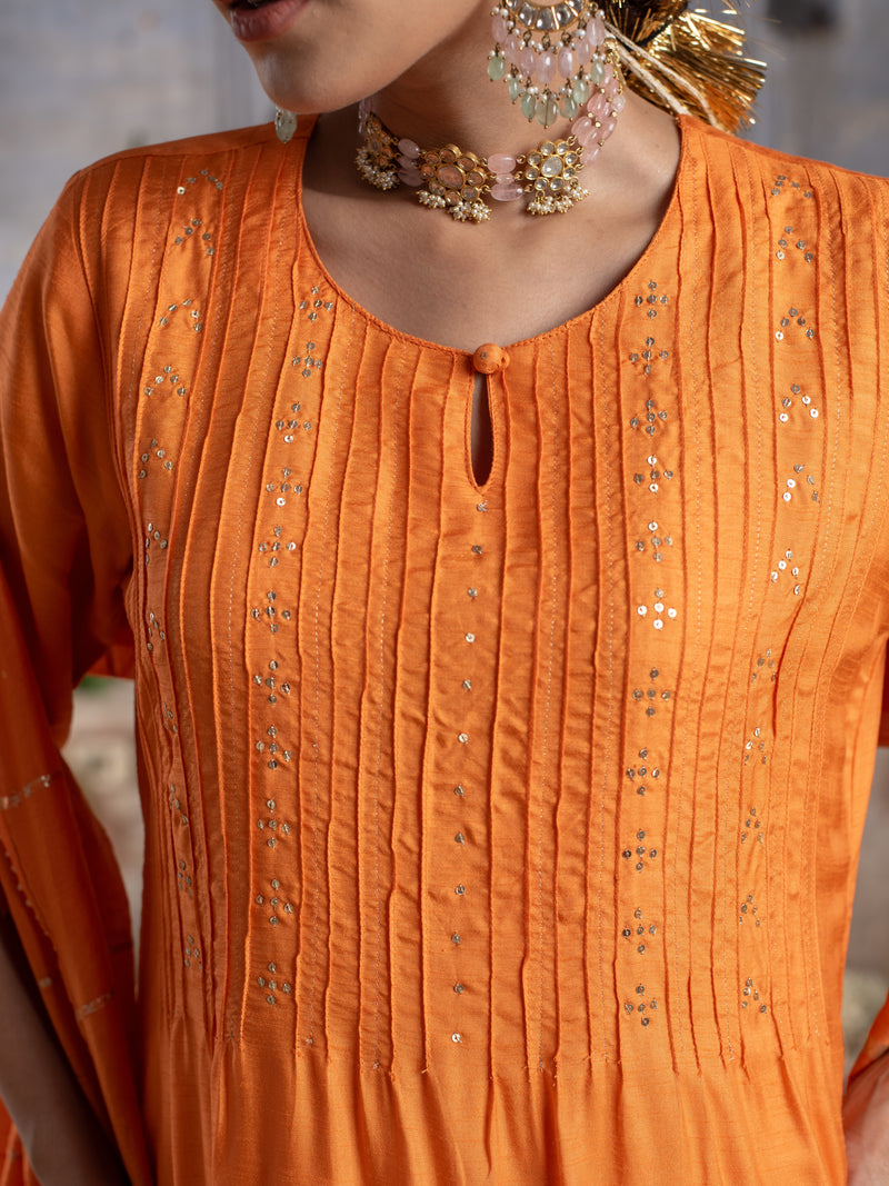 Orange Dola Silk Round Neck Complete Suit Set For Women's