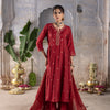 Red Chanderi Round Neck Complete Suit Set For Women's