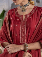 Red Chanderi Round Neck Complete Suit Set For Women's
