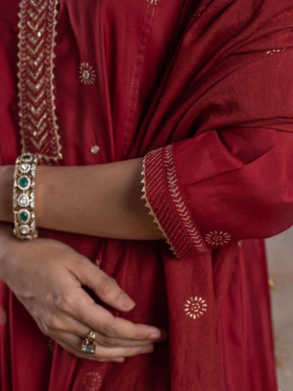 Red Chanderi Round Neck Complete Suit Set For Women's