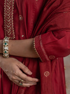 Red Chanderi Round Neck Complete Suit Set For Women's
