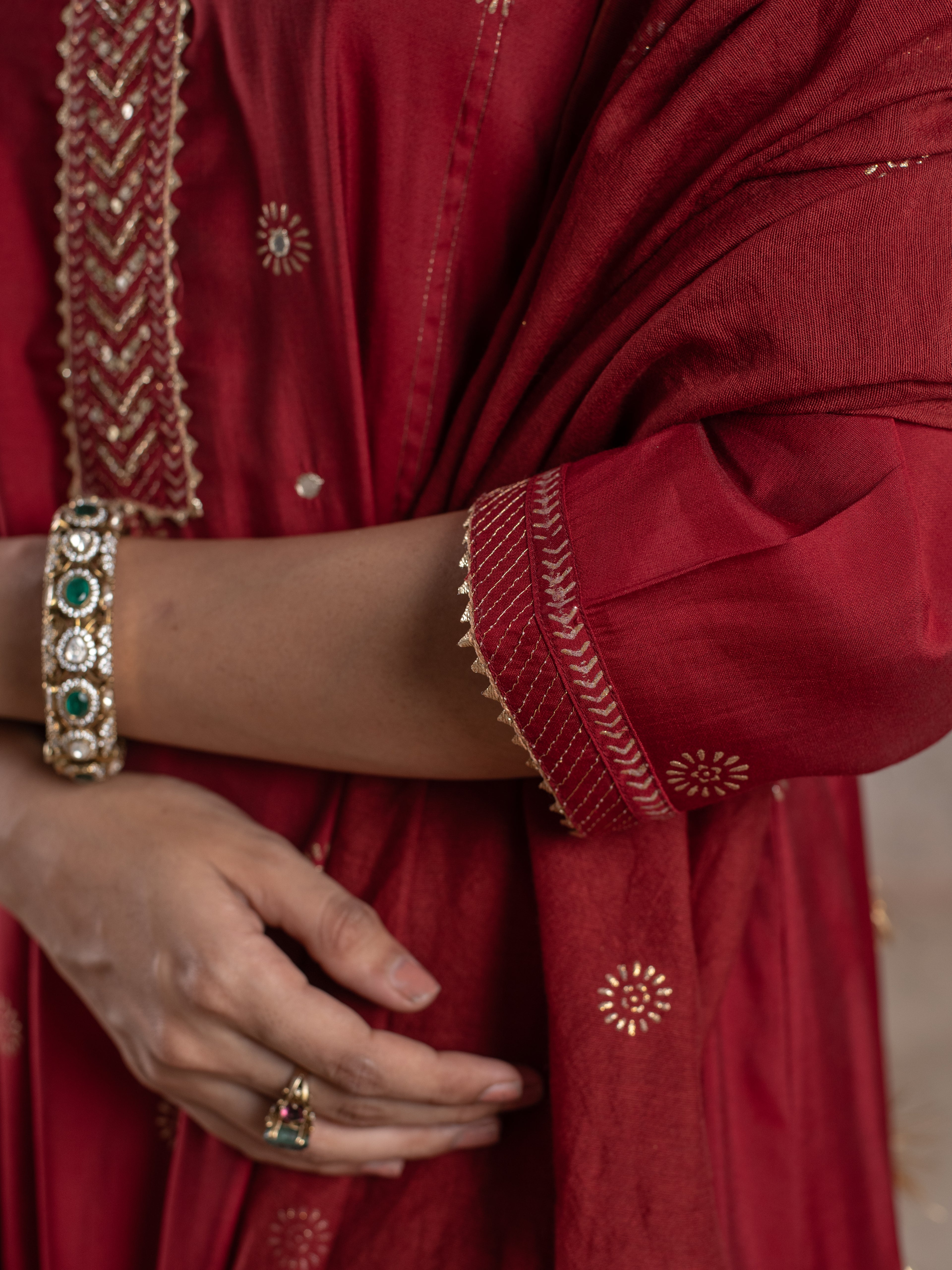 Red Chanderi Round Neck Complete Suit Set For Women's