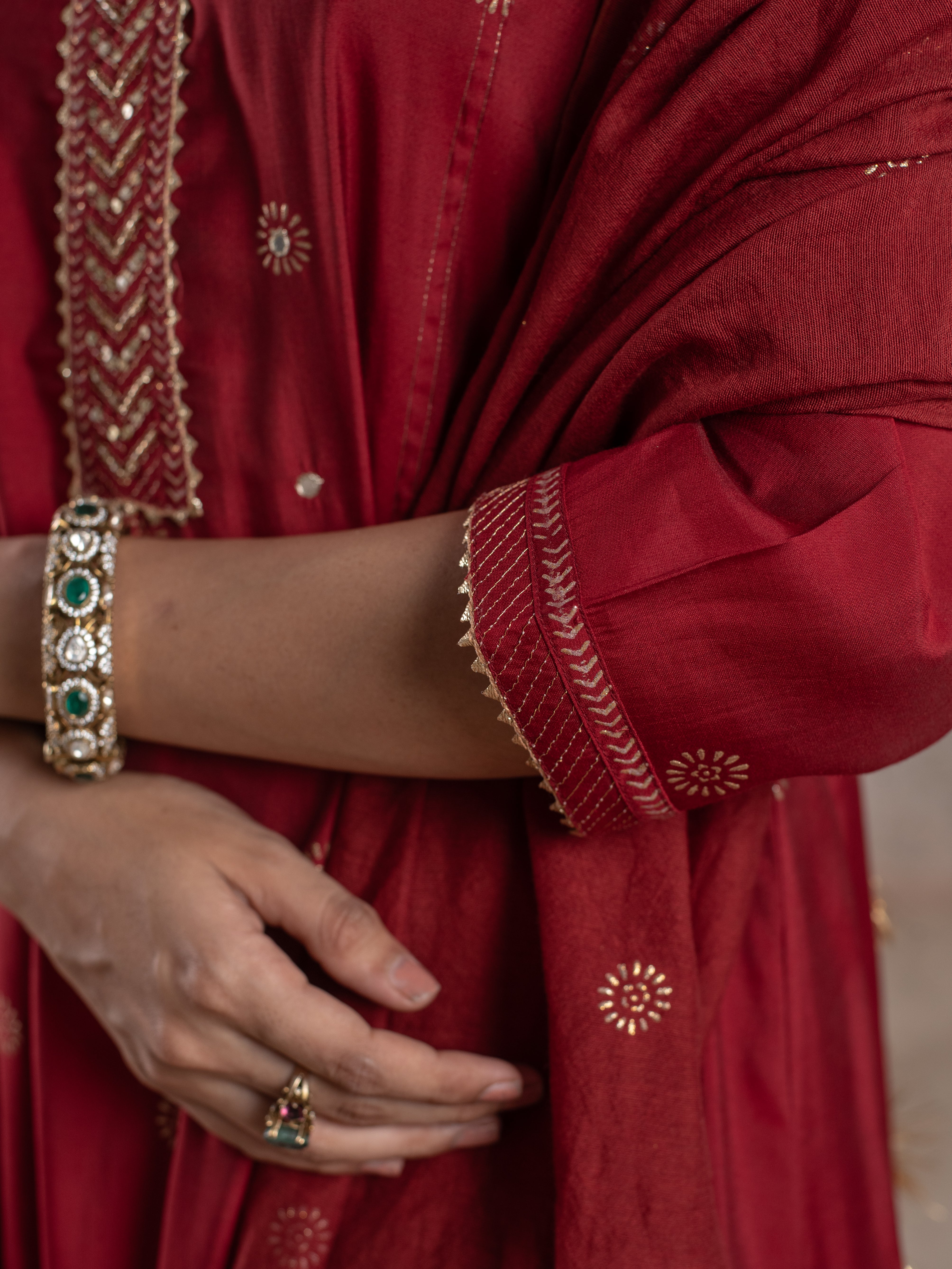 Red Chanderi Round Neck Complete Suit Set For Women's