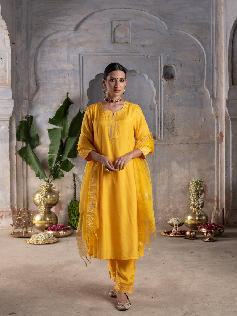 Yellow Silk Round Neck With Gota Lines Complete Suit Set For Women's