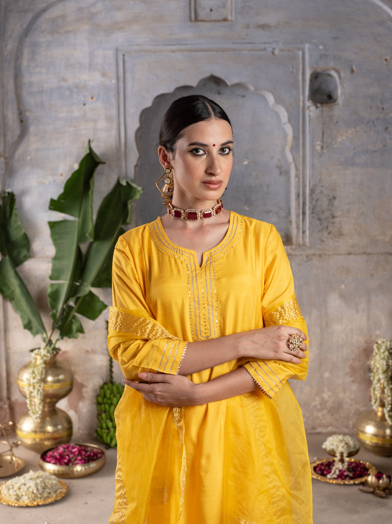 Yellow Silk Round Neck With Gota Lines Complete Suit Set For Women's