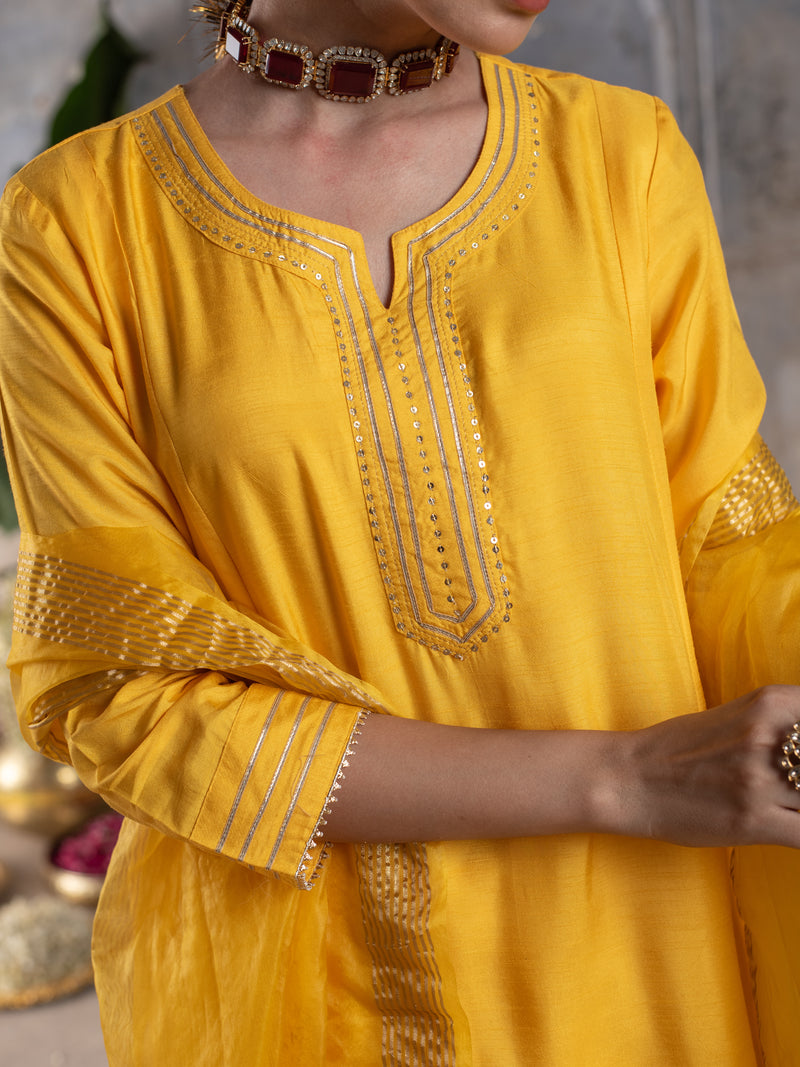 Yellow Silk Round Neck With Gota Lines Complete Suit Set For Women's