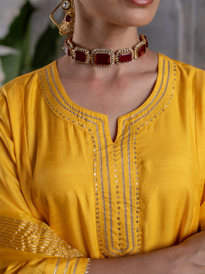 Yellow Silk Round Neck With Gota Lines Complete Suit Set For Women's