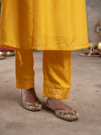 Yellow Silk Round Neck With Gota Lines Complete Suit Set For Women's