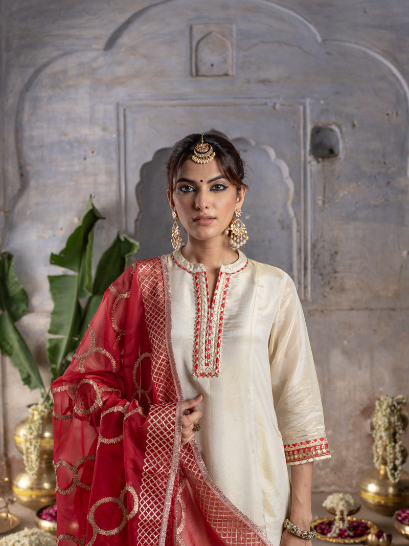GOLD & RED TISSU SHIMMER COLLAR NECK ALL OVER WITH  GOTA WORK DUPATTA FULL SET