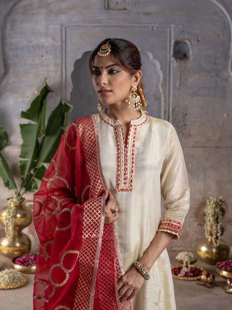 GOLD & RED TISSU SHIMMER COLLAR NECK ALL OVER WITH  GOTA WORK DUPATTA FULL SET
