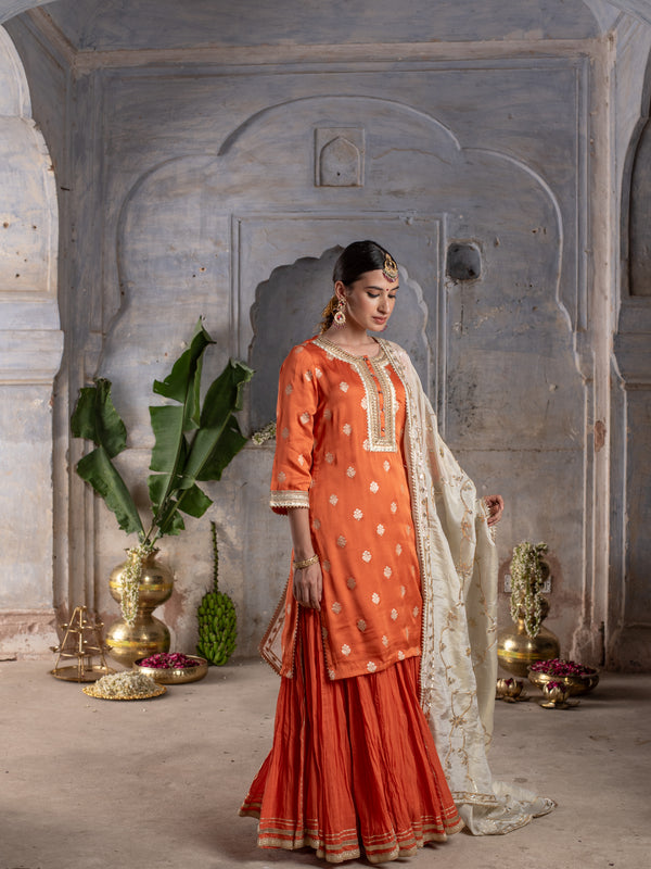 FANTA ORANGE JAQUARD SATIN ROUND NECK WITH GOTA PATTI FULL SET