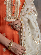 FANTA ORANGE JAQUARD SATIN ROUND NECK WITH GOTA PATTI FULL SET