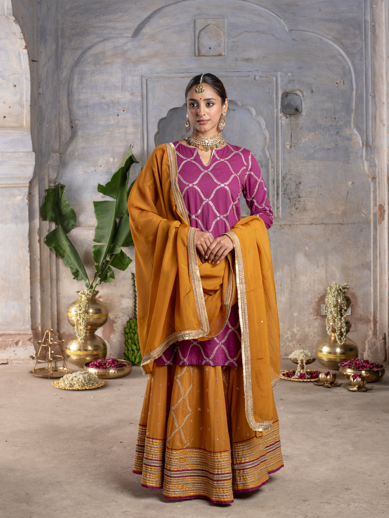 BRINJAL WITH MUSTURD COTTON ROUND NECK ZARI WORK WITH GOTA ON SKIRT FULL SET