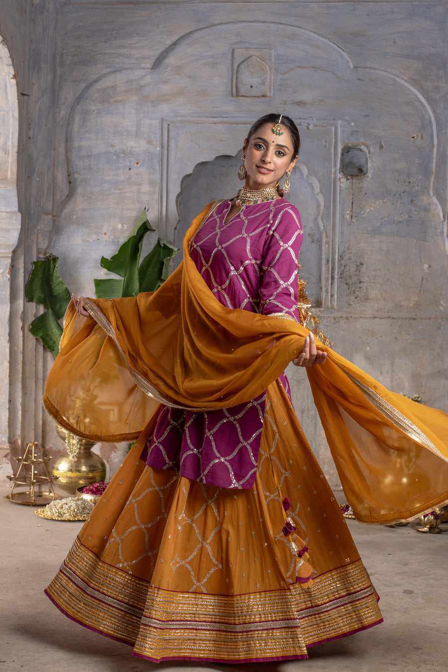 BRINJAL WITH MUSTURD COTTON ROUND NECK ZARI WORK WITH GOTA ON SKIRT FULL SET